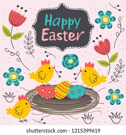 Easter card with cute chicken - vector illustration, eps
