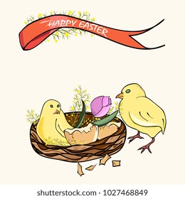  Easter card with cute chickens in the nest, flowers and pink tulian Hand drawing, the inscription of a happy Easter. Template for spring greeting cards