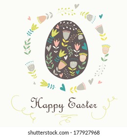 Easter card with cute egg and flowers in cartoon style