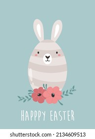 Easter card with cute egg rabbit and floral wreath. Vector illustration with holiday greetings.