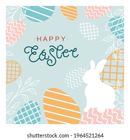 Easter card. Cute easter eggs,  branch and bunny. Vector flat cartoon illustration. Perfect for poster, print, card, invitation, greeting, tag