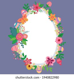 Easter card with cute flowers, eggs and butterflies. Hand-drawn flat style. Vector illustration.