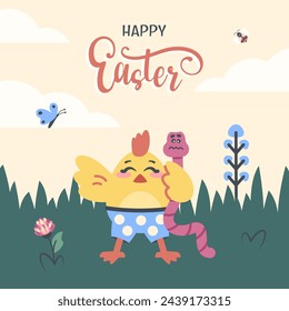 Easter card. Cute funny chick with wishes. Cartoon Little bird holding pink earthworm. Spring Poster with fresh grass, flower, bee, butterfly. Holiday letterig. Hand drawn illustration. Vector 