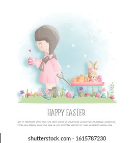 Easter card with cute girl and bunny  in paper cut style. Vector illustration