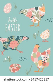 Easter card. Cute hand drawn illustration. Vector design template in vintage pastel colors. 