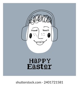 Easter card with cute hipster egg boy in headphones. Unique illustration for textile, fabric, banner, poster, decoration, invitation print. Holyday, celebrate concept. Vector doodle illustration.