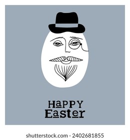 Easter card with cute hipster egg man in headphones. Unique illustration for textile, fabric, banner, poster, decoration, invitation print. Holyday, celebrate concept. Vector doodle illustration.