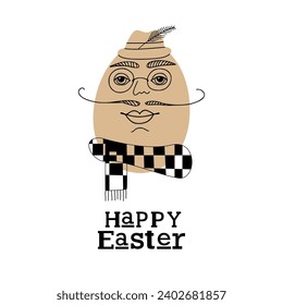 Easter card with cute hipster egg man in headphones. Unique illustration for textile, fabric, banner, poster, decoration, invitation print. Holyday, celebrate concept. Vector doodle illustration.