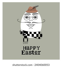 Easter card with cute hipster egg man in headphones. Unique illustration for textile, fabric, banner, poster, decoration, invitation print. Holyday, celebrate concept. Vector doodle illustration.