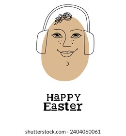 Easter card with cute hipster egg man in headphones. Unique illustration for textile, fabric, banner, poster, decoration, invitation print. Holyday, celebrate concept. Vector doodle illustration.