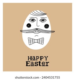 Easter card with cute hipster egg man in headphones. Unique illustration for textile, fabric, banner, poster, decoration, invitation print. Holyday, celebrate concept. Vector doodle illustration.