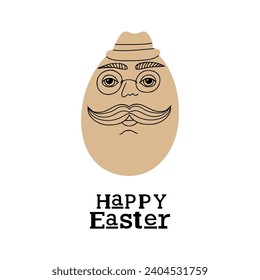 Easter card with cute hipster egg man in headphones. Unique illustration for textile, fabric, banner, poster, decoration, invitation print. Holyday, celebrate concept. Vector doodle illustration.