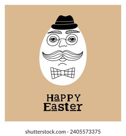 Easter card with cute hipster egg man in headphones. Unique illustration for textile, fabric, banner, poster, decoration, invitation print. Holyday, celebrate concept. Vector doodle illustration.
