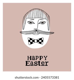 Easter card with cute hipster egg man in headphones. Unique illustration for textile, fabric, banner, poster, decoration, invitation print. Holyday, celebrate concept. Vector doodle illustration.