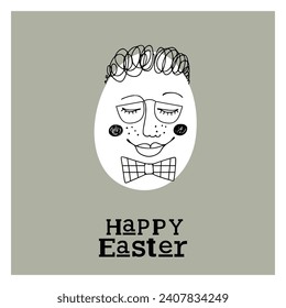 Easter card with cute hipster egg young man. Unique illustration for textile, fabric, banner, poster, decoration, invitation print. Holyday, celebrate concept. Vector doodle illustration.