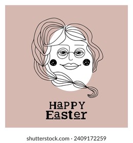 Easter card with cute hipster egg lady. Unique illustration for textile, fabric, banner, poster, decoration, invitation print. Holyday, celebrate concept. Vector doodle illustration.