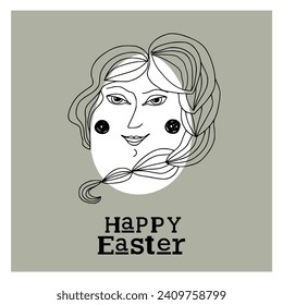 Tarjeta de Pascua con una linda dama de huevo hipster. Ilustración única para textiles, tela, banner, afiche, decoración, impresión de invitación. Holyday, celebra el concepto. Ilustración del doodle vectorial.