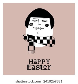 Easter card with cute hipster egg lady. Unique illustration for textile, fabric, banner, poster, decoration, invitation print. Holyday, celebrate concept. Vector doodle illustration.