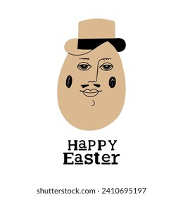 Easter card with cute hipster egg man in hat. Easter brown egg. Unique illustration for textile, banner, poster, decoration, invitation print. Holyday, celebrate concept. Vector doodle illustration.