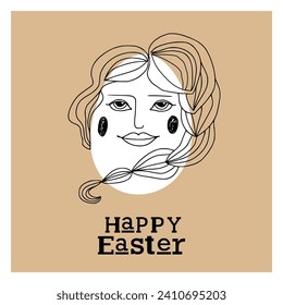 Easter card with cute hipster egg lady. Unique illustration for textile, fabric, banner, poster, decoration, invitation print. Holyday, celebrate concept. Vector doodle illustration.