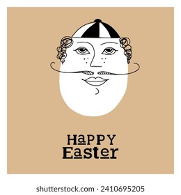 Easter card with cute hipster egg young man with mustache. Unique illustration for textile, banner, poster, decoration, invitation print. Holyday, celebrate concept. Vector doodle illustration.