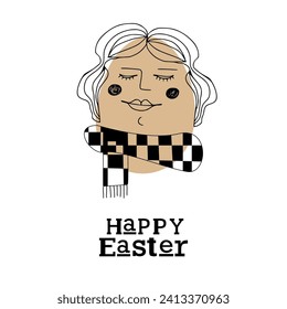 Easter card with cute hipster egg lady with cage scarf. Unique illustration for textile, fabric, banner, poster, decoration, invitation print. Holyday, celebrate concept. Vector doodle illustration.
