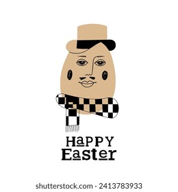Easter card with cute hipster egg man in hat. Easter brown egg. Unique illustration for textile, banner, poster, decoration, invitation print. Holyday, celebrate concept. Vector doodle illustration.
