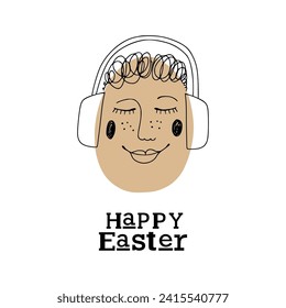 Easter card with cute hipster egg young man in headphones. Unique illustration for textile, fabric, banner, poster, decoration, invitation print. Holyday, celebrate concept. Vector doodle illustration