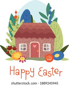 Easter card with a cute house in flowers. Vector Easter illustration hand-drawn in cartoon style.