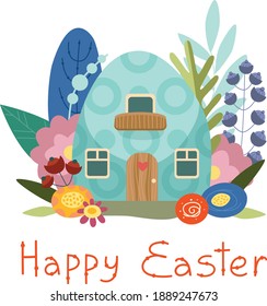 Tarjeta de Pascua con una linda casa florida. Ilustración vectorial de Pascua dibujada a mano en estilo de caricatura.