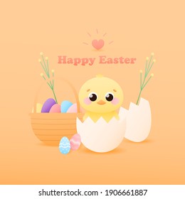 Easter card with cute little chick in shell, easter eggs around, basket with colourful egss and floral elements, egg hunting invitation for kids, happy holidays card in cartoon style