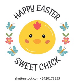 Easter card with cute little chicken and Happy Easter greeting. Sweet chick. Gift tag for treats, round sticker, label for packaging sweets, greeting card. For friend, classmates, children, kids.