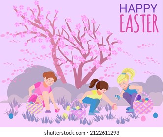 Easter card. Cute little girls collect Easter eggs in baskets in a blooming cherry orchard. Search for holiday eggs. Vector drawing in a flat cartoon style. Inscription : Happy Easter