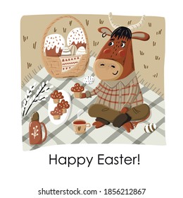 Easter card with cute ox having a picnic. Cartoon style