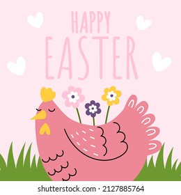 Tarjeta de Pascua con una linda gallina rosa con flores. Pascua feliz de alistamiento. Ilustración de dibujos animados
