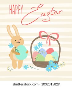 Easter card with cute rabbit and basket with eggs