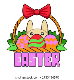 easter card with a cute rabbit. a basket with painted eggs. vector illustration.
