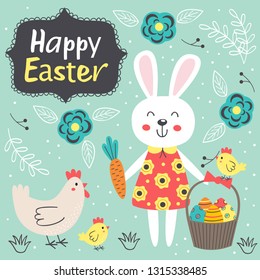 Easter card with cute rabbit and chicken  - vector illustration, eps