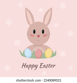 Easter card with cute rabbit and colored eggs on beige background with flowers. Vector illustration in flat style.