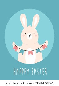 Tarjeta de Pascua con conejo lindo con corona decorativa. Ilustración vectorial con saludos festivos.