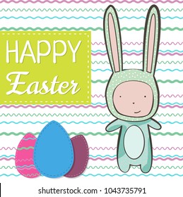 Easter card with cute rabbit and eggs.