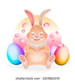 Easter card with cute rabbit and eggs. Vector art.