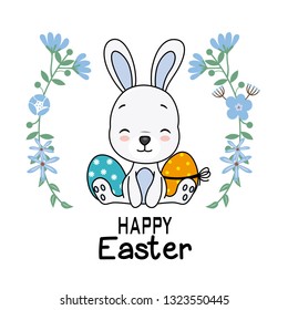 Easter card. Cute rabbit with easter eggs
