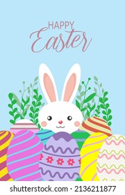 Easter card with cute rabbit and eggs.  Vector cartoon illustration.