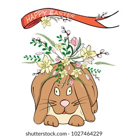 Easter card with cute rabbit and floral elements .  hand drawing. Template for spring greeting cards