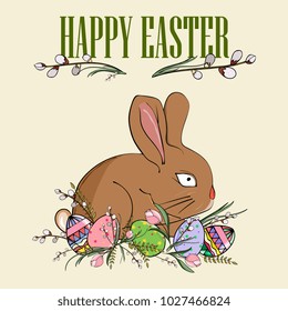 Easter card with cute rabbit and floral elements  and colored eggs, hand drawing. Template for spring greeting cards