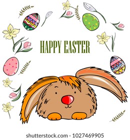 Easter card with cute rabbit and floral elements 
 and colored eggs, hand drawing. Template for spring greeting cards