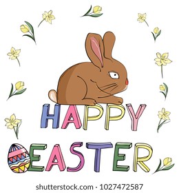 Easter card with cute rabbit and floral elements and  and the inscription of a happy Easter. Template for spring greeting cards, hand drawing.