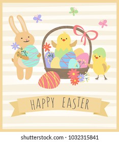 Easter card with cute rabbit, funny chickens and basket with eggs