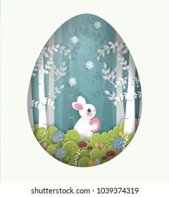 Easter card with cute rabbit holding egg in the forest. Paper cute style vector illustration.